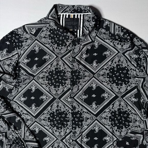 Cactus Man Ricky Singh Mens Shirt Large Black White Paisley Bandana Print Spring - Picture 4 of 11